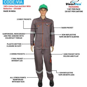 VIA 100% Cotton Workwear Set (Shirt & Pant) with Reflective Tape (270 GSM) - Grey